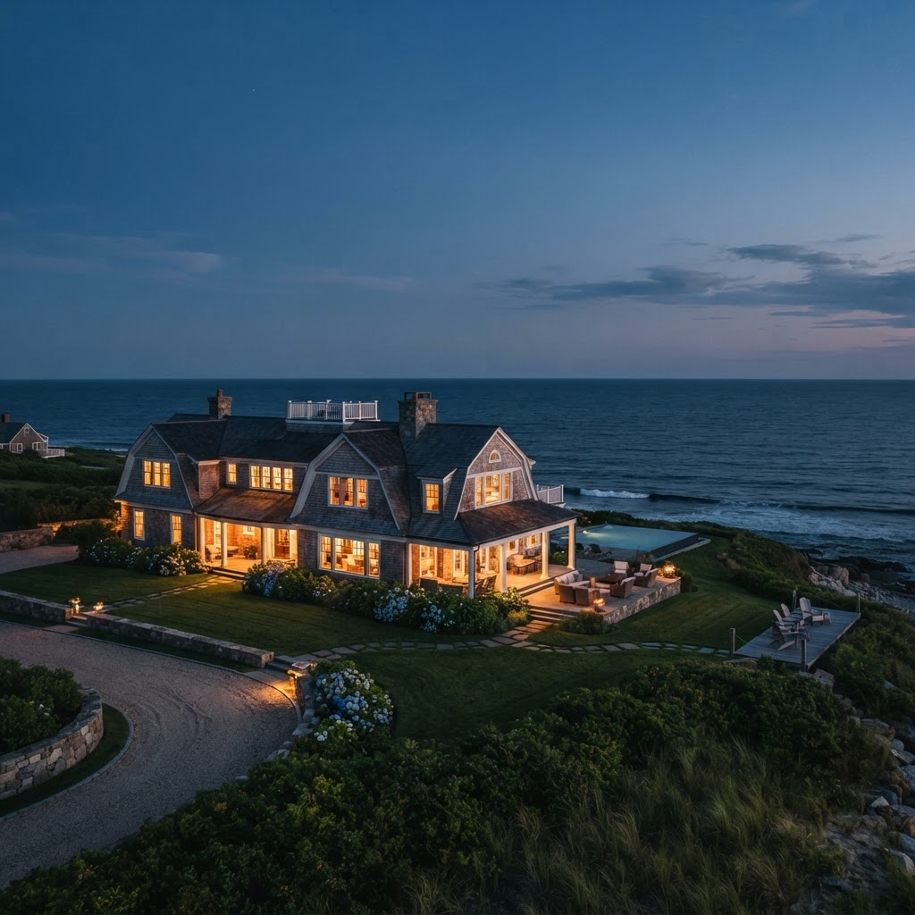 A luxury Cape Cod coastal home glowing at dusk