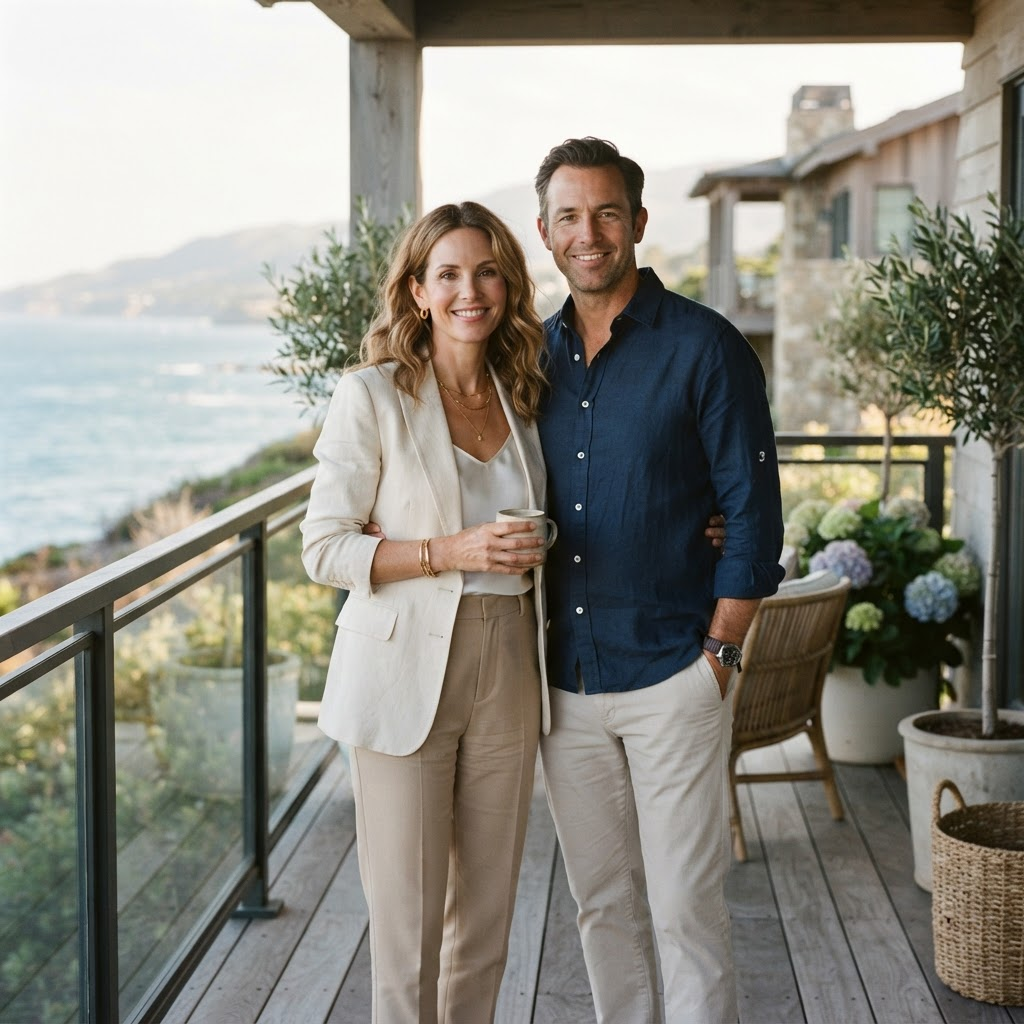 The hosts of Maaya Properties on a coastal porch