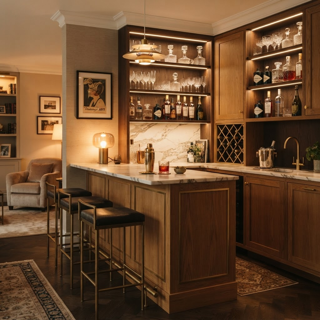 The Bistro Bar with oak cabinetry, brass fixtures and backlit glassware
