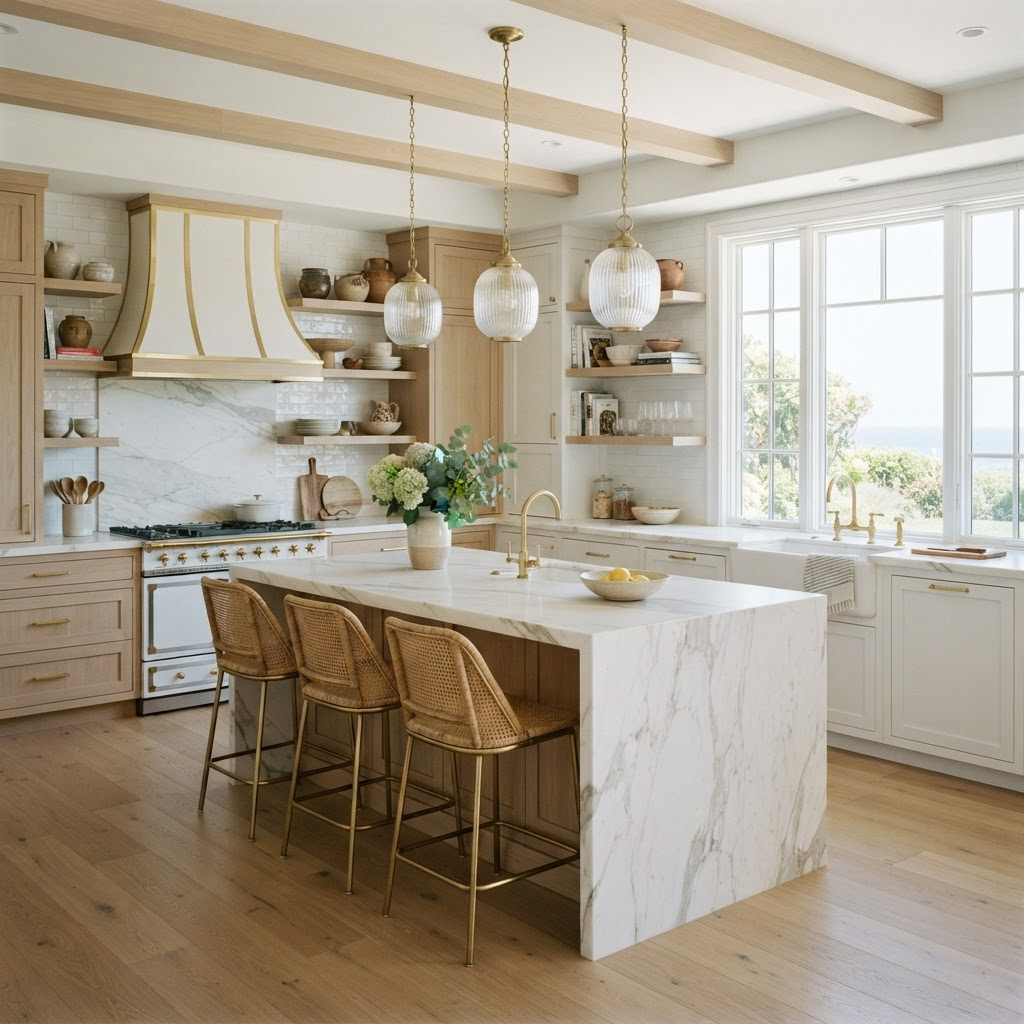 Bright coastal kitchen with marble island and brass fixtures