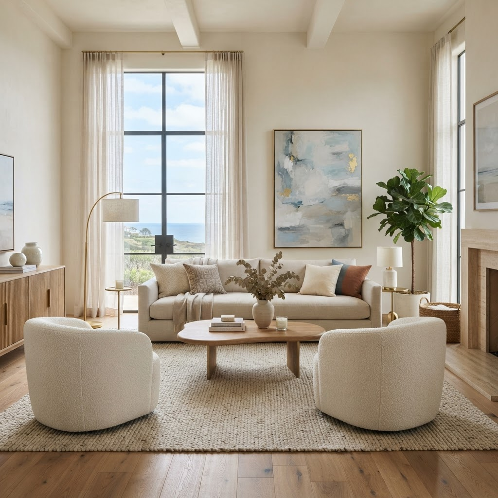 A sunlit, elegantly styled coastal living room