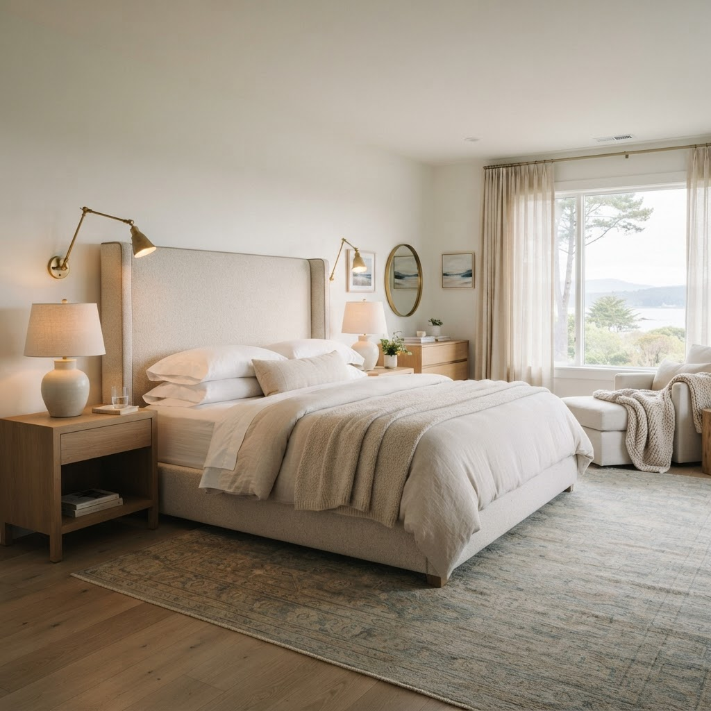King suite with upholstered headboard and linen bedding