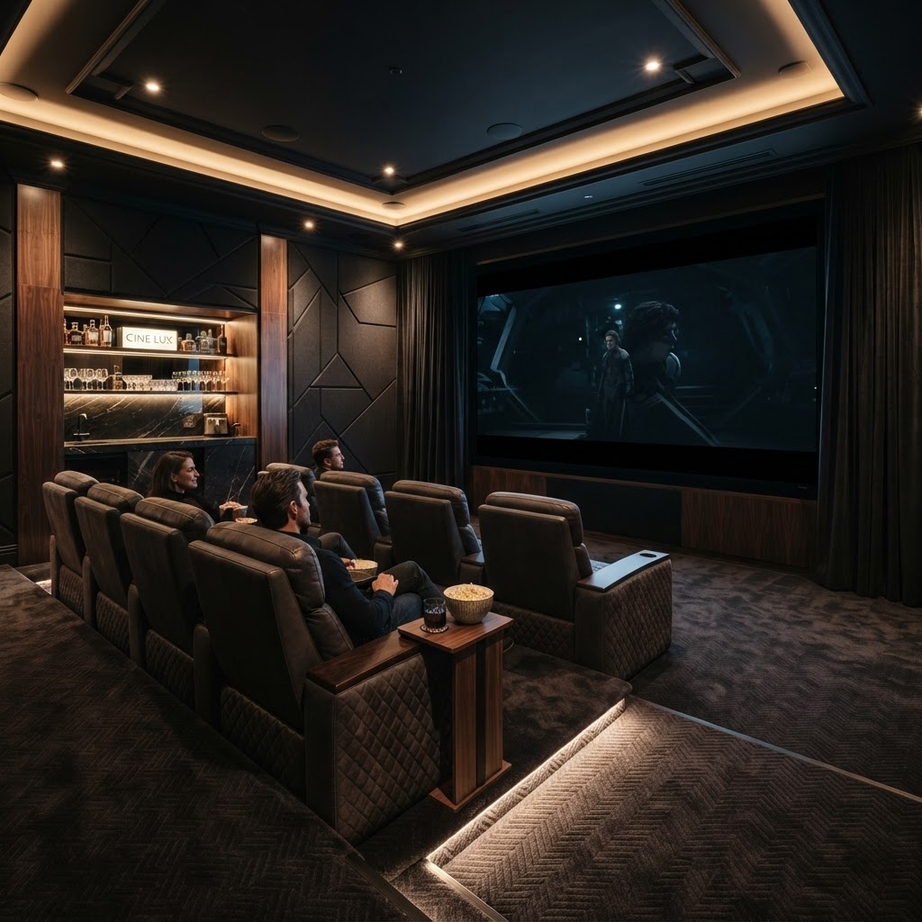 Intimate home theater with a 120-inch cinema screen and plush seating