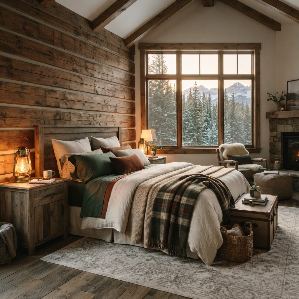 Cozy bedroom with timber accent wall and forest view