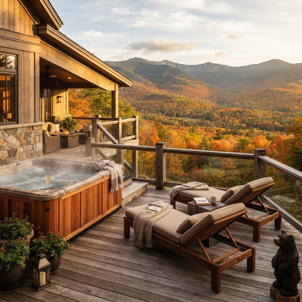 Deck with a private hot tub overlooking an autumn mountain valley
